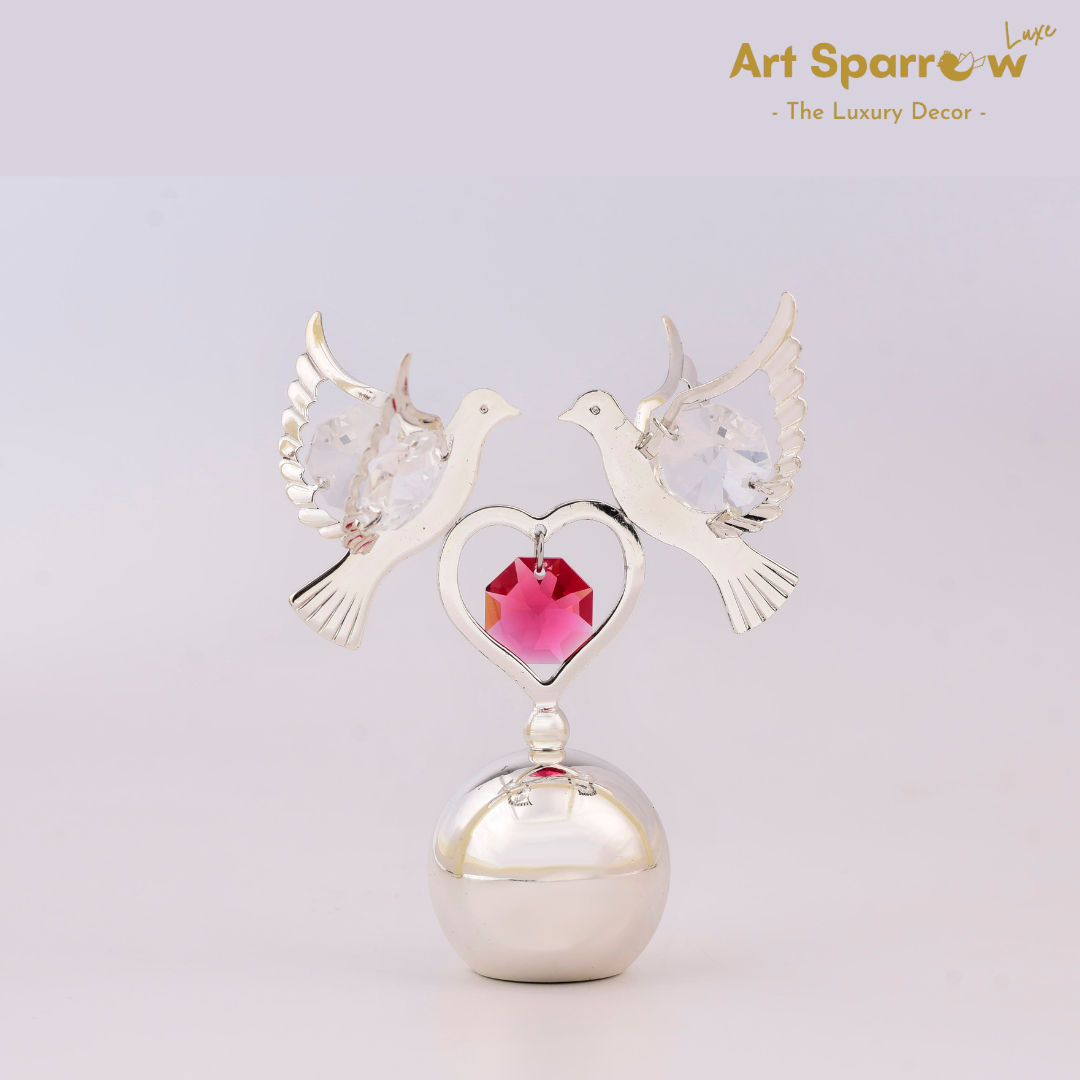 Silver Couple Dove Heart with Crystal Decor Showpiece