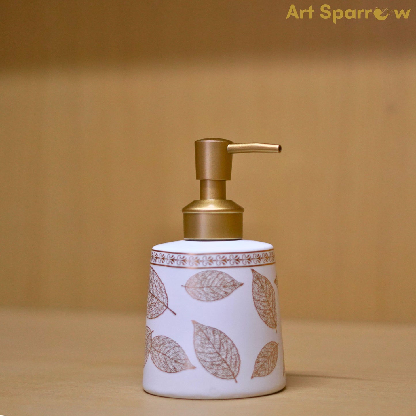 Golden Leaf Ceramic Liquid Soap Dispenser for Bathroom and Kitchen