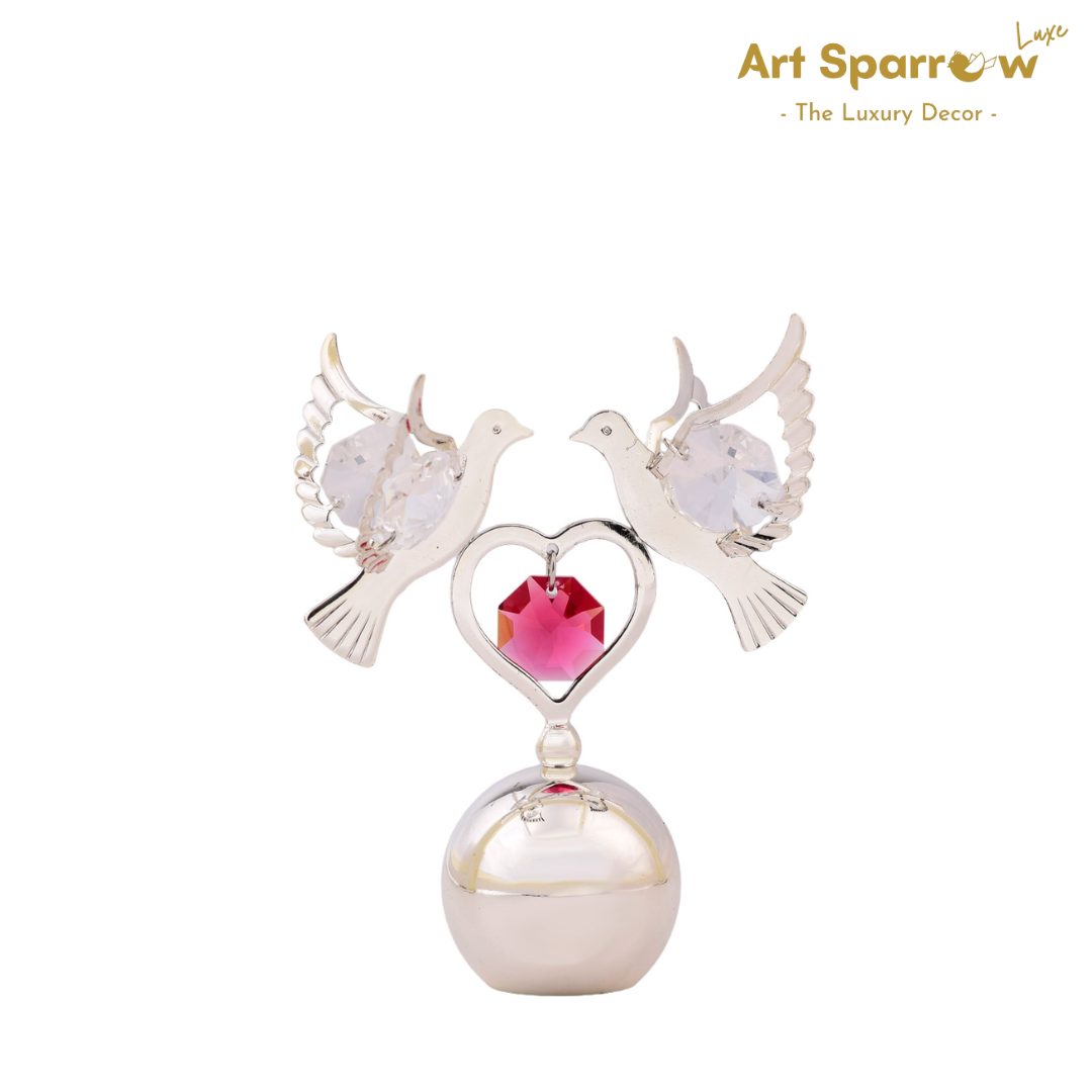 Silver Couple Dove Heart with Crystal Decor Showpiece