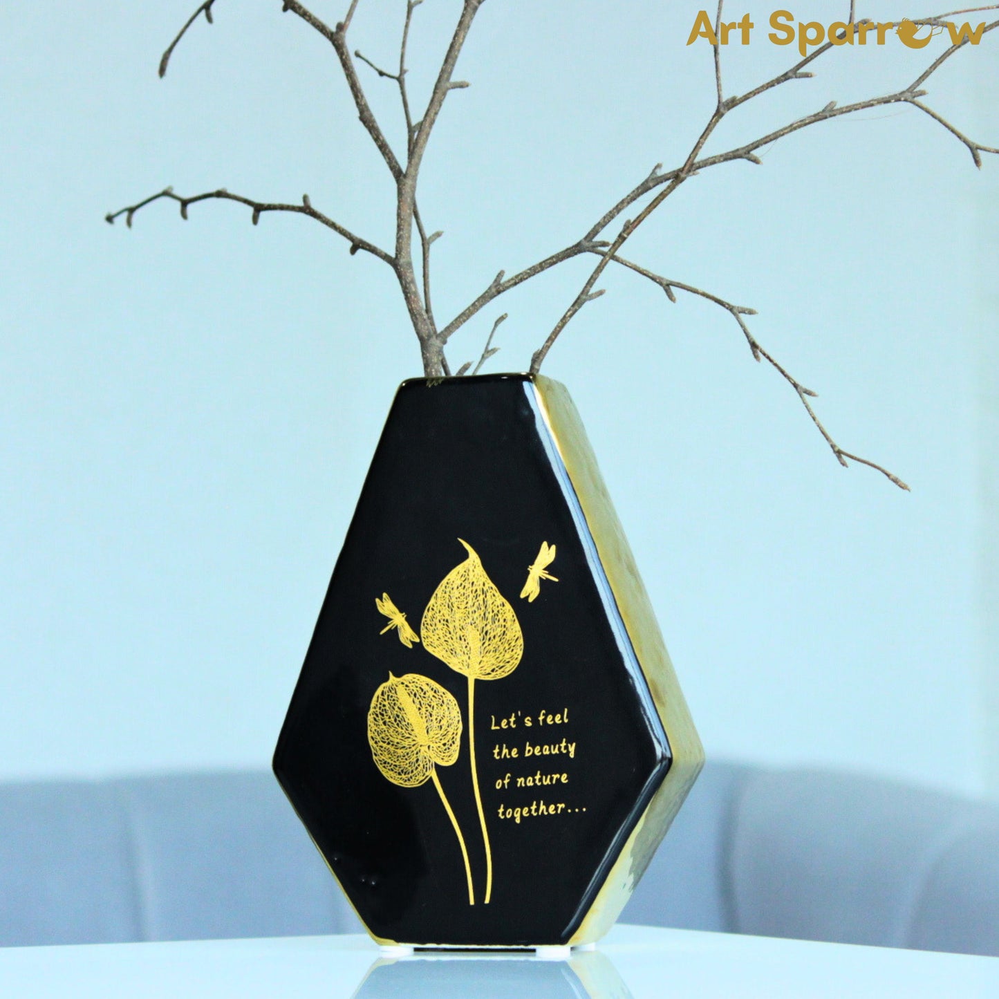 Black Diamond Vase with Ceramic Gold Glossy Finish