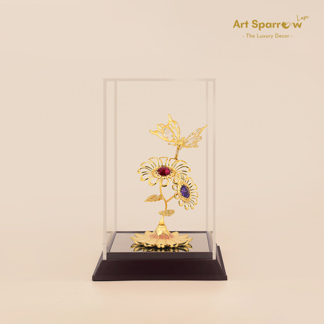 Golden Butterfly on 2 Daisy Flowers with Coloured Diamond