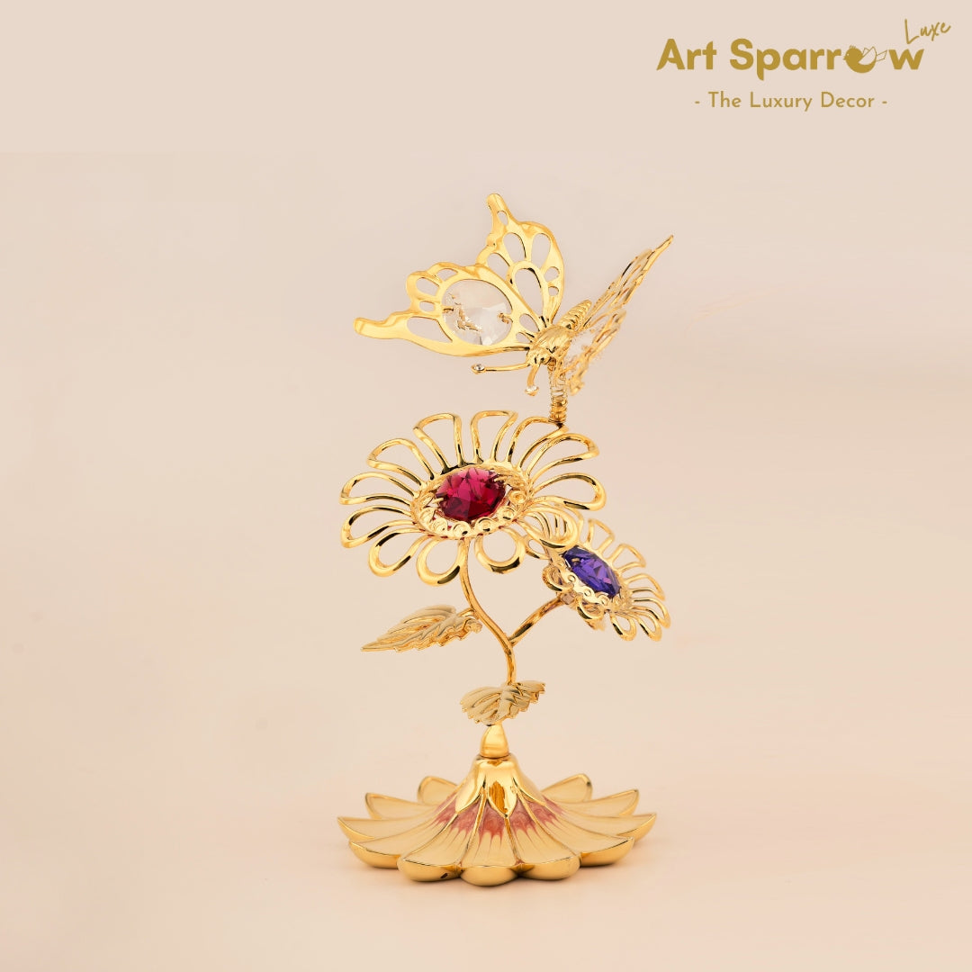 Golden Butterfly on 2 Daisy Flowers with Coloured Diamond