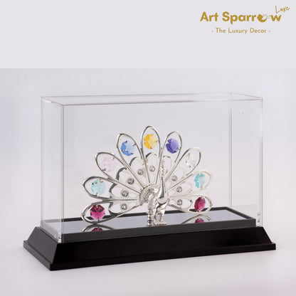 Silver Peacock in Colored Crystals Decor Showpiece