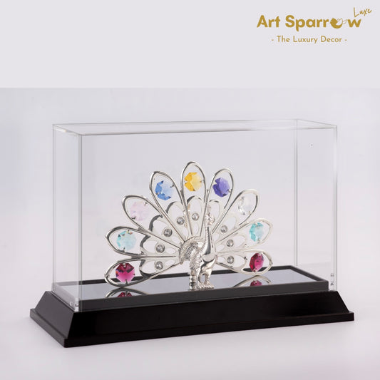 Silver Peacock in Colored Crystals Decor Showpiece