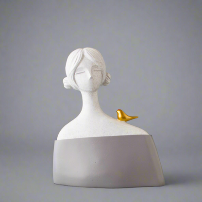 Cute Sparrow and Girl Polyresin Bust Artefact