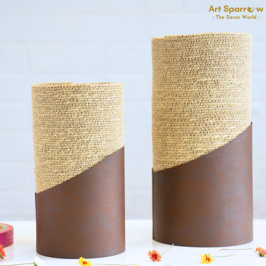 Jute & Metal Round Shaped Flower Decor Vase - Brown (set of 2)