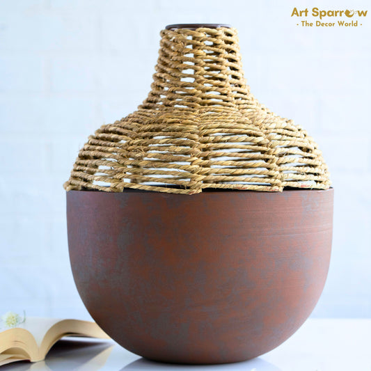 Flower Vase Jute and Metal Brown and Grey