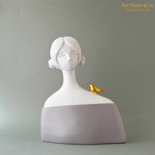 Cute Sparrow and Girl Polyresin Bust Artefact