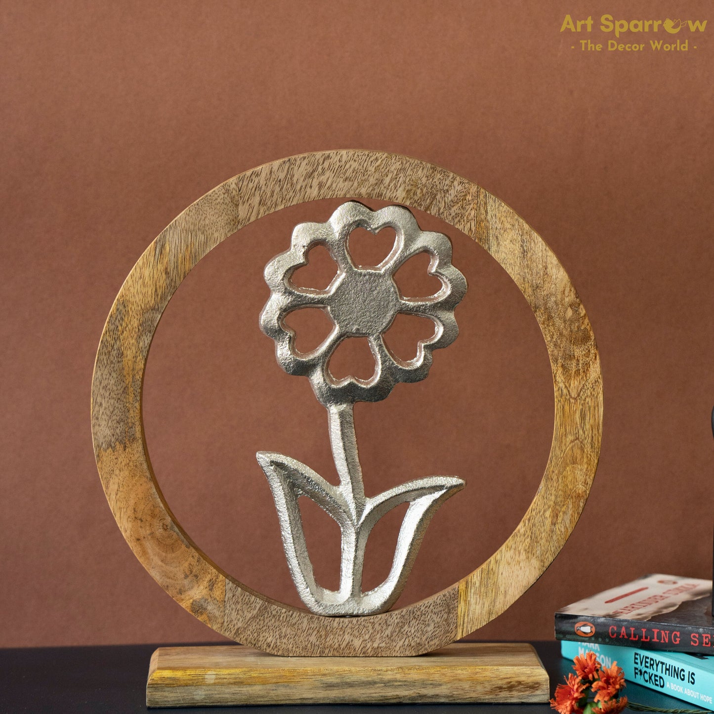 Flower In Wooden Circle Metal Art Showpiece