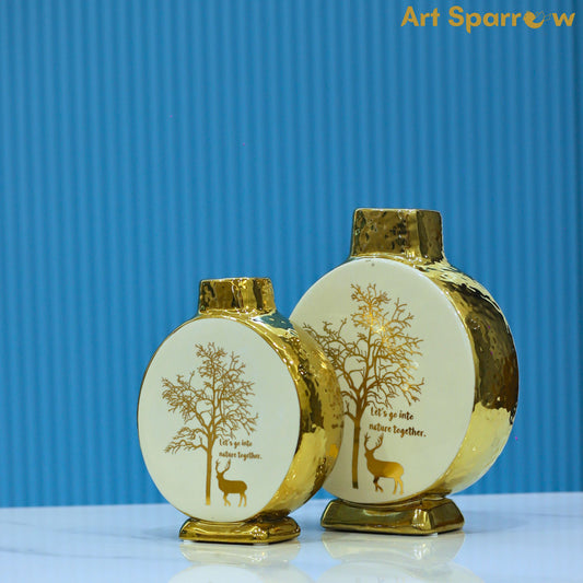 White Circular Vase with Ceramic Gold Glossy Finish