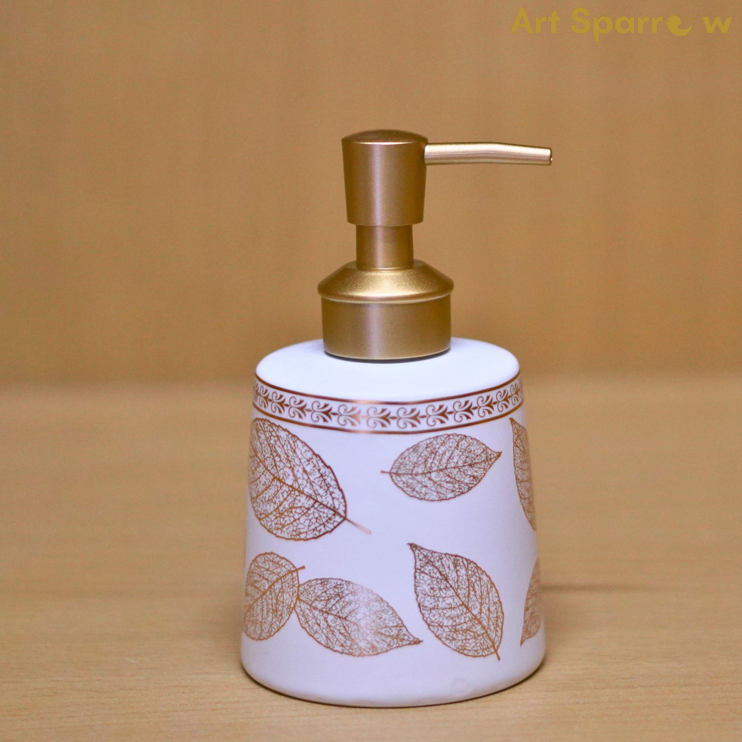 Golden Leaf Ceramic Liquid Soap Dispenser for Bathroom and Kitchen