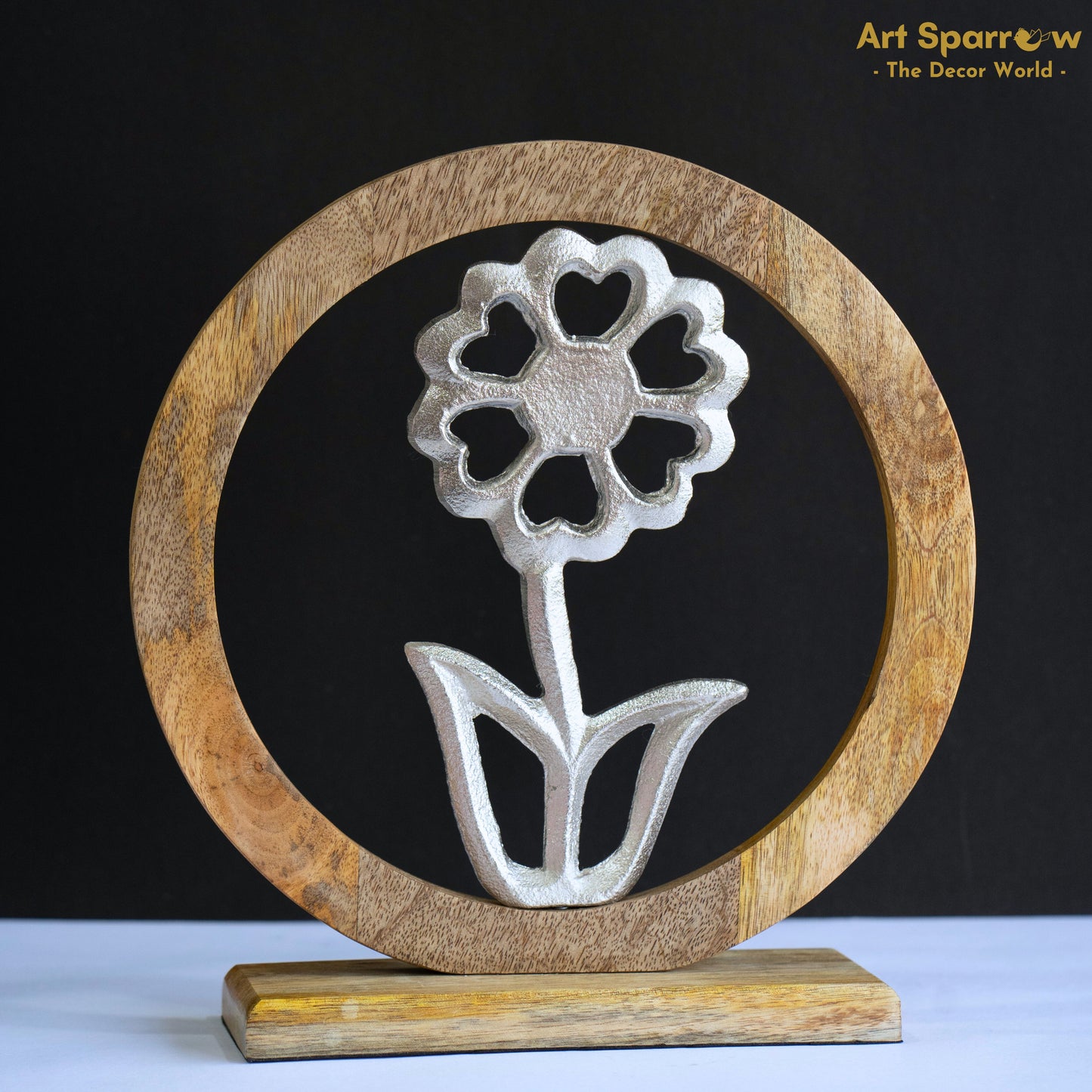 Flower In Wooden Circle Metal Art Showpiece