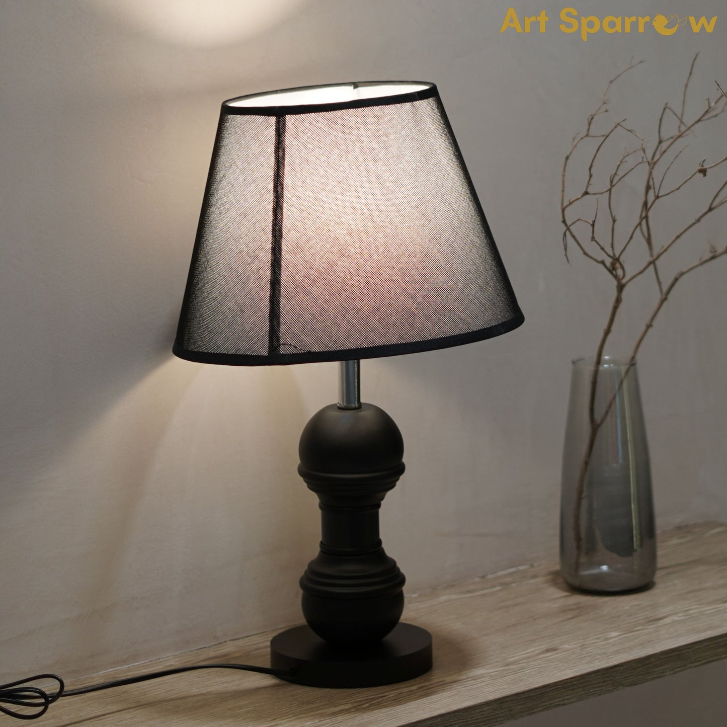 Fabric Shade Table Lamp With Brown Wooden Base