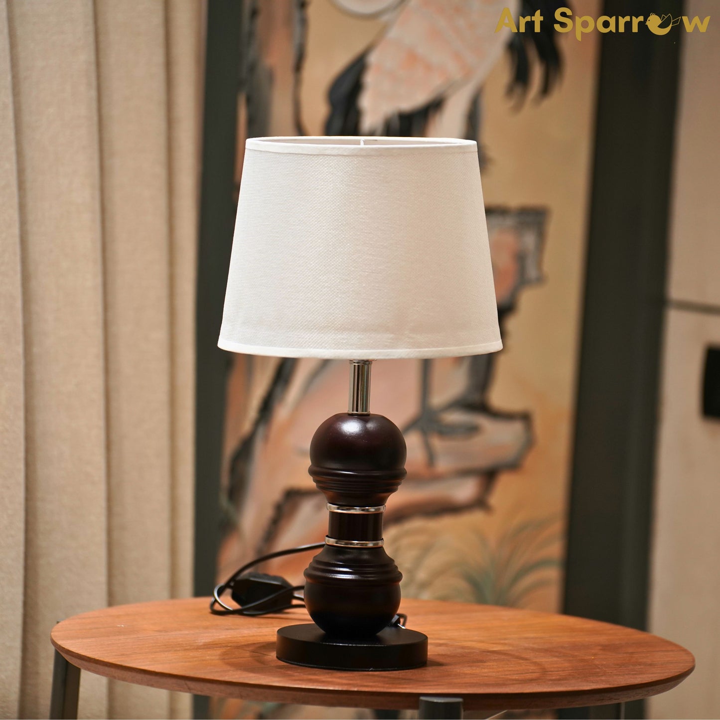 Fabric Shade Table Lamp With Brown Wooden Base