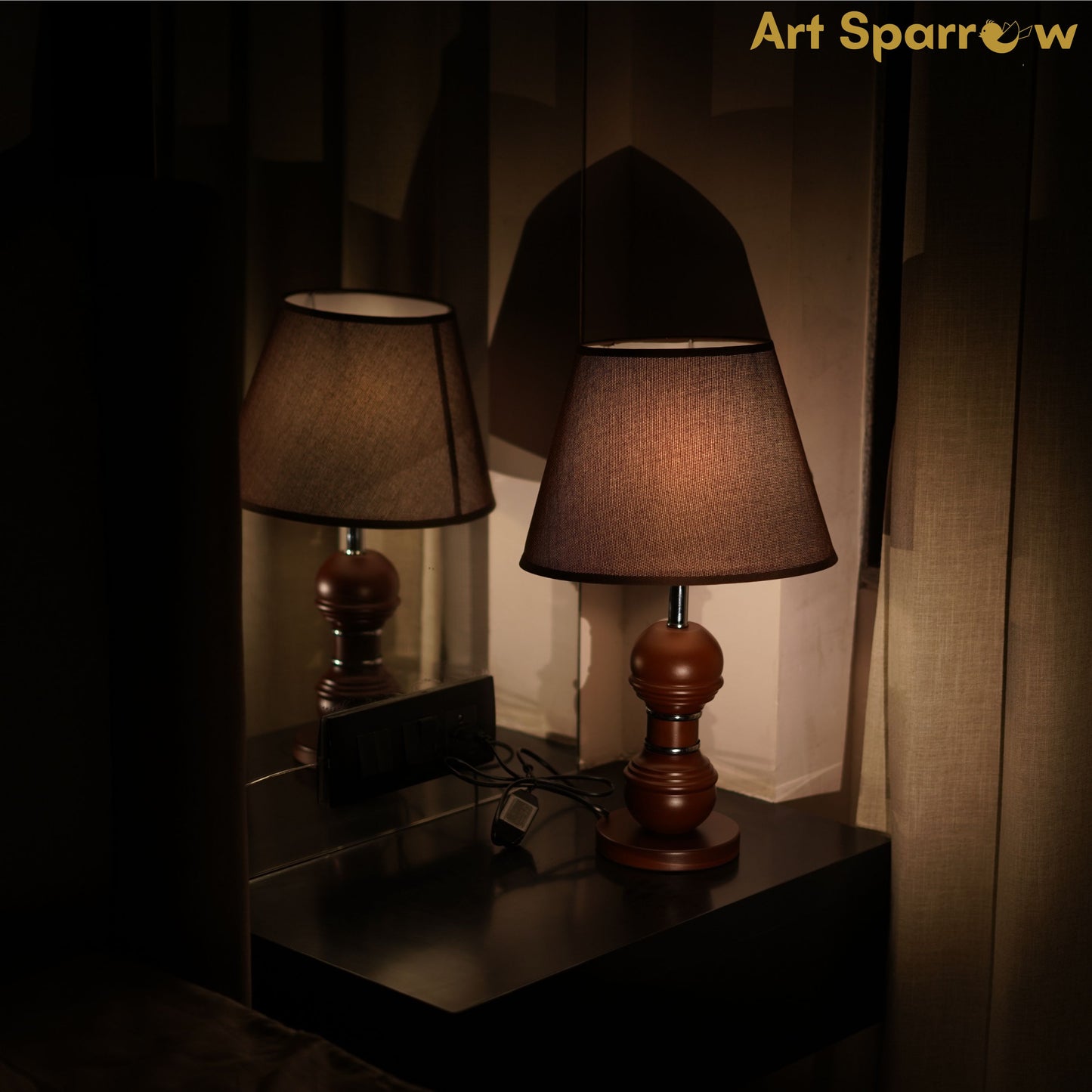 Fabric Shade Table Lamp With Brown Wooden Base