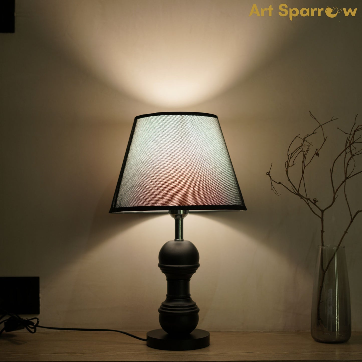 Fabric Shade Table Lamp With Brown Wooden Base