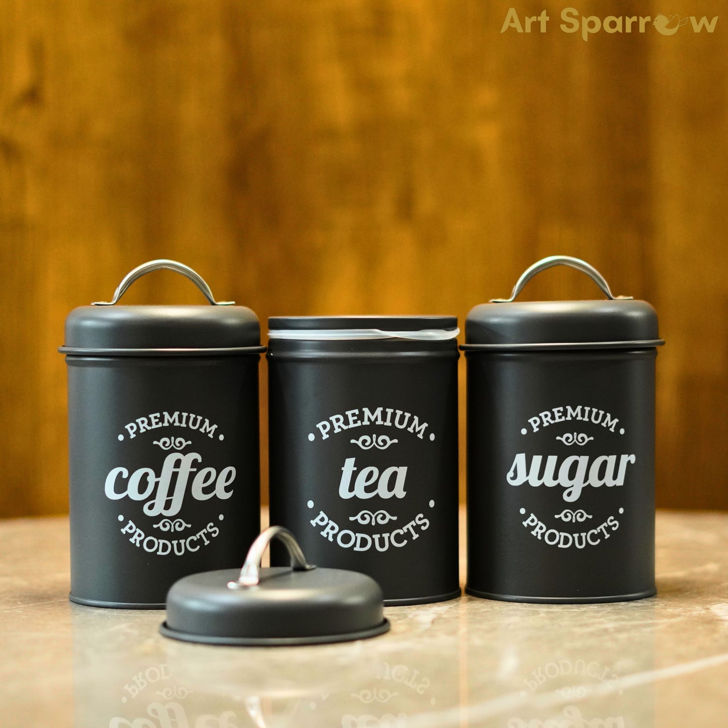 Kitchen Containers for Coffee, Sugar, Tea with Airtight Seal Black Stainless Steel