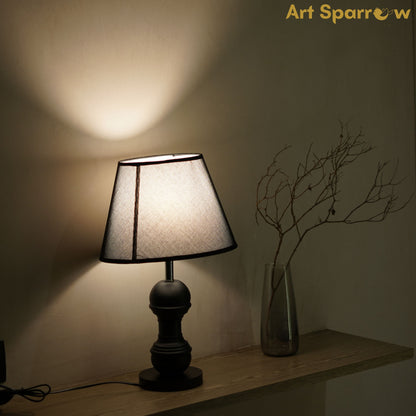 Fabric Shade Table Lamp With Brown Wooden Base