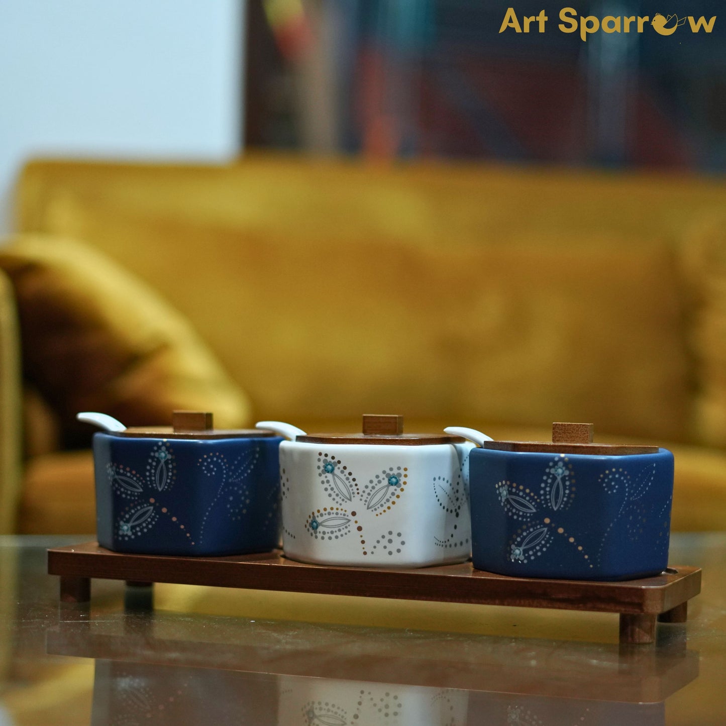 Ceramic Jar with Wooden Tray, Spoon and Lid Set of 3