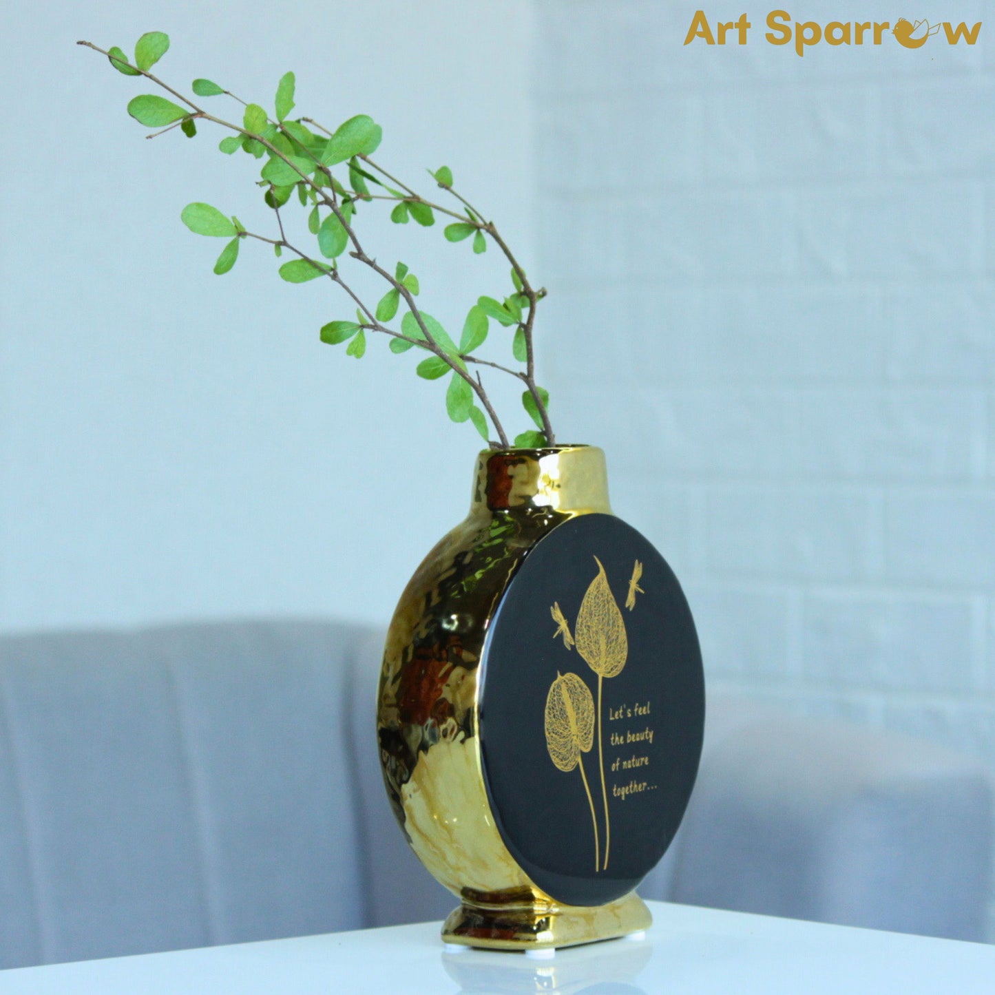 Glossy Golden Circular Ceramic Vase