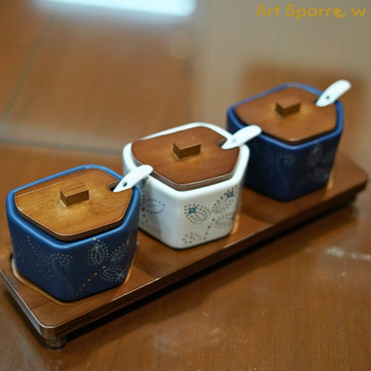 Ceramic Jar with Wooden Tray, Spoon and Lid Set of 3