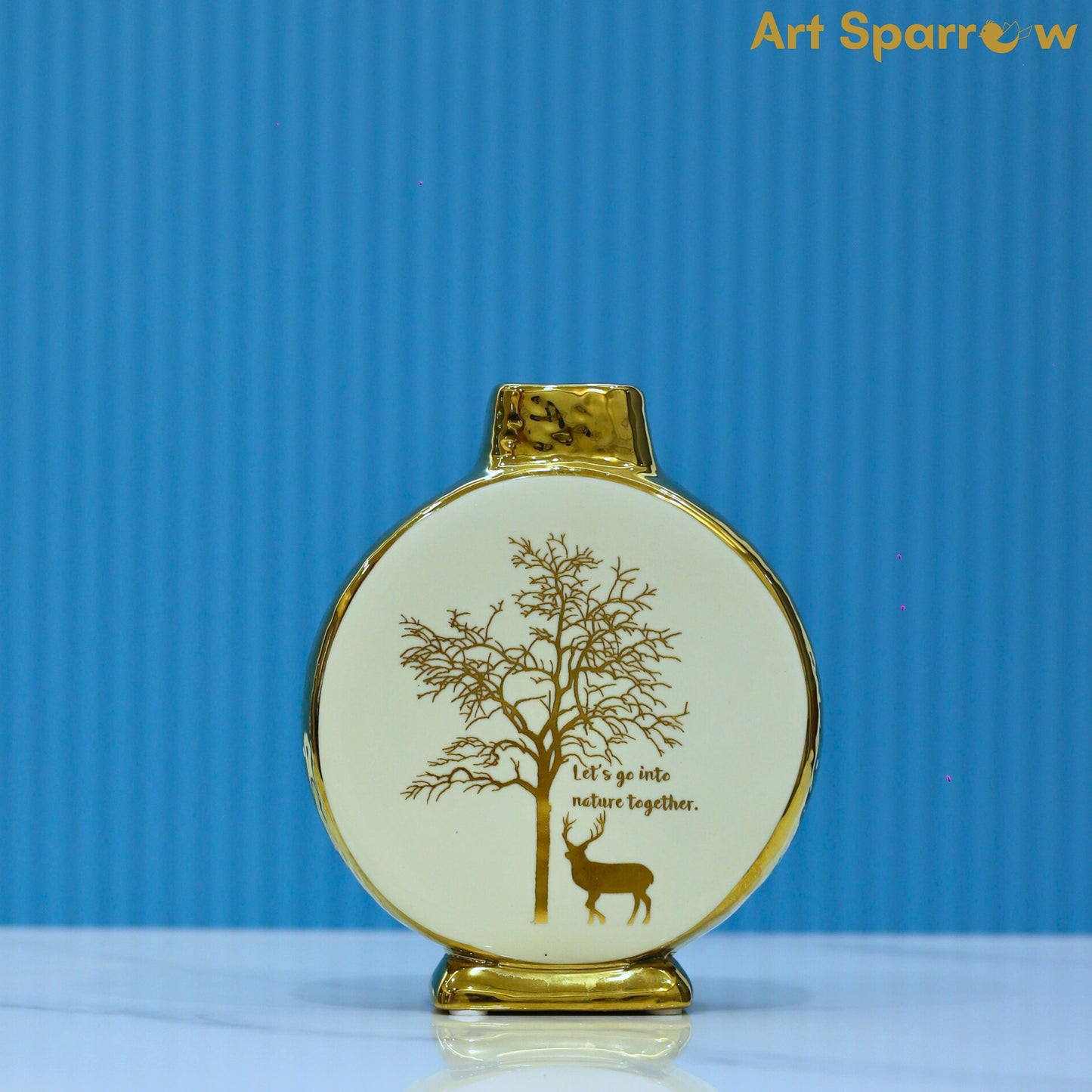 White Circular Vase with Ceramic Gold Glossy Finish