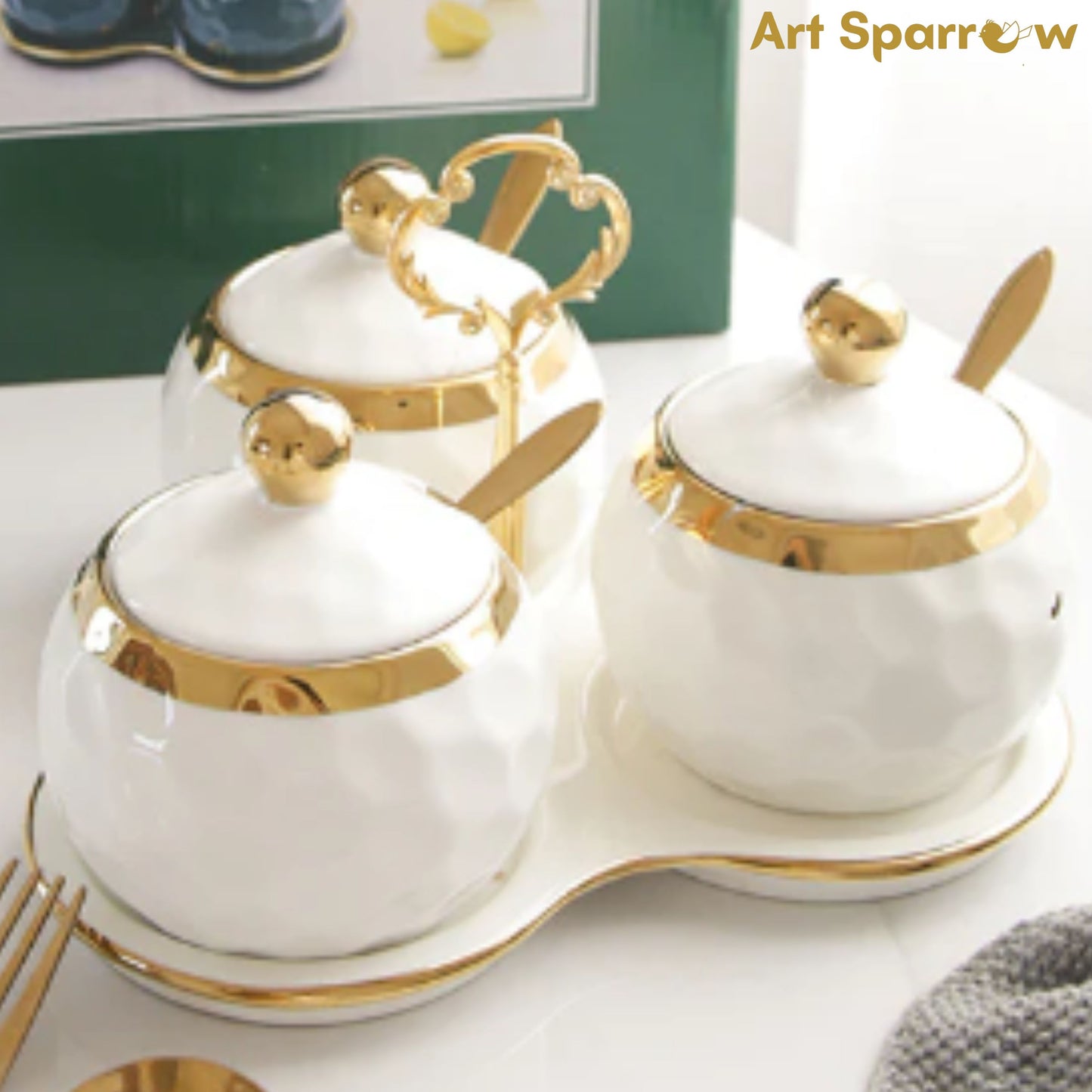 Ceramic Spice Jar Container Kitchen set with Lids and Spoons Set of 3