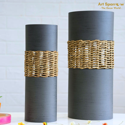 Jute & Metal Round Shaped Flower Vase for Decor - Grey (set of 2)