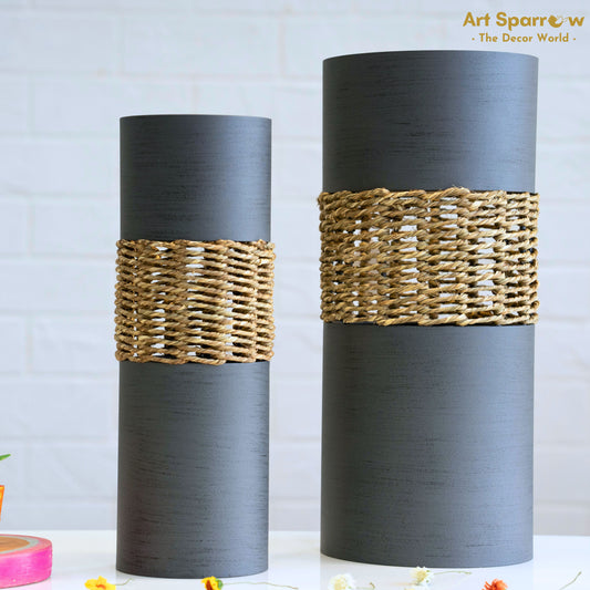 Jute & Metal Round Shaped Flower Vase for Decor - Grey (set of 2)