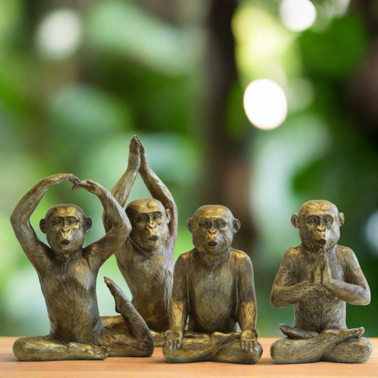 Yoga Pose Monkey Rustic Gold Resin Ornaments set of 4