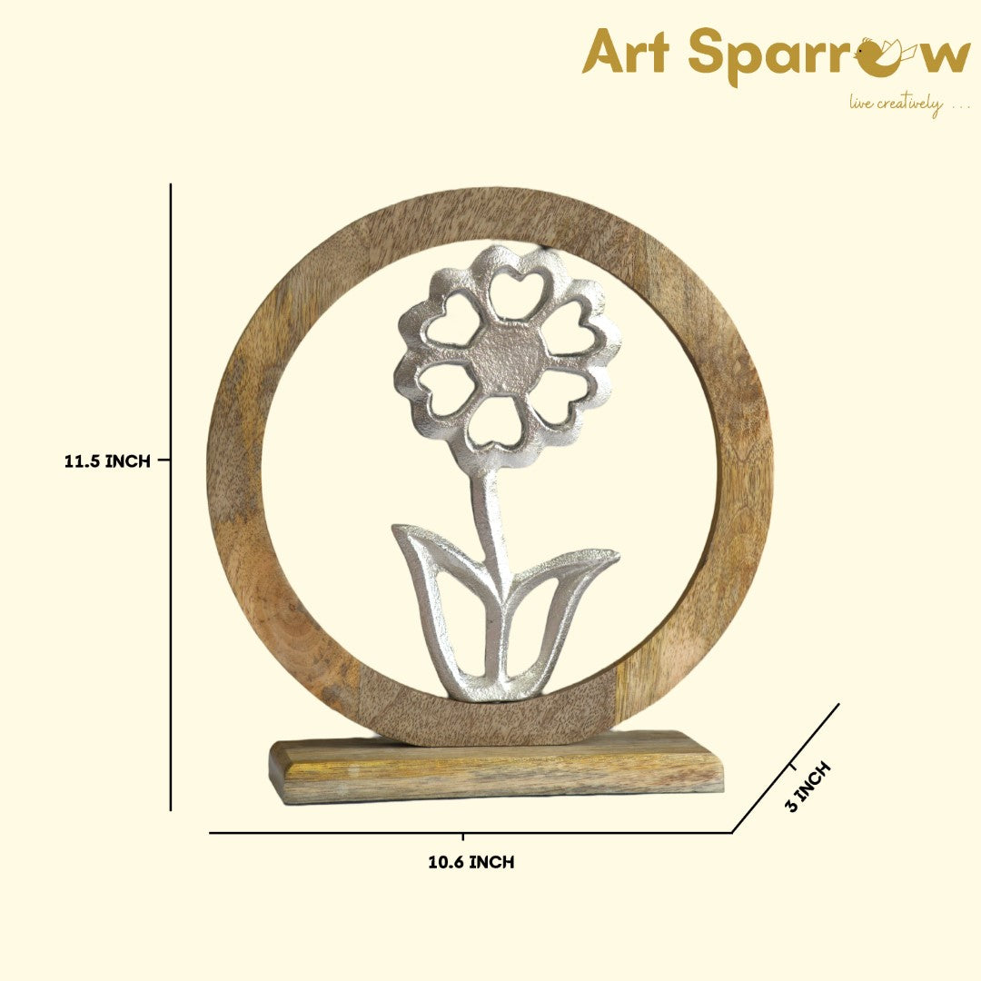 Flower In Wooden Circle Metal Art Showpiece