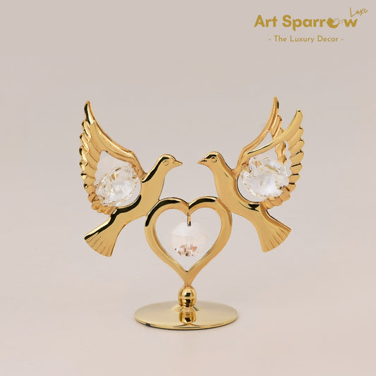 Couple Golden Dove Heart wit Crystal Decor Showpiece