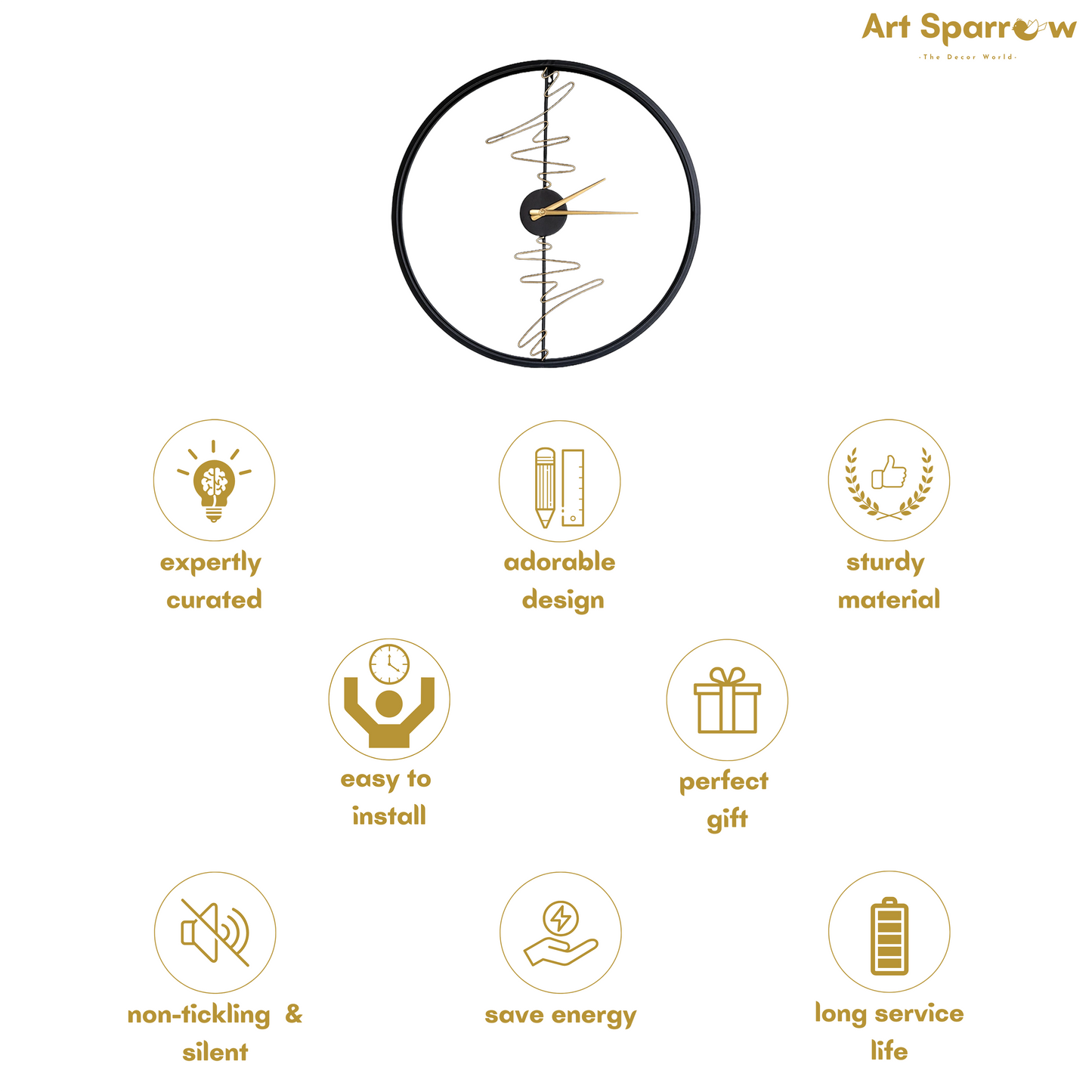 Blck and Golden Touch Large Silent Wall Clock by Art Sparrow