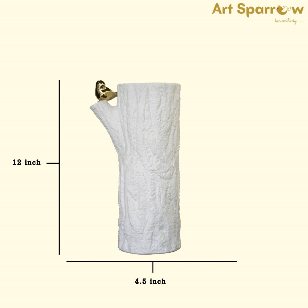 White Flower Vase Golden Sparrow Decor Showpiece