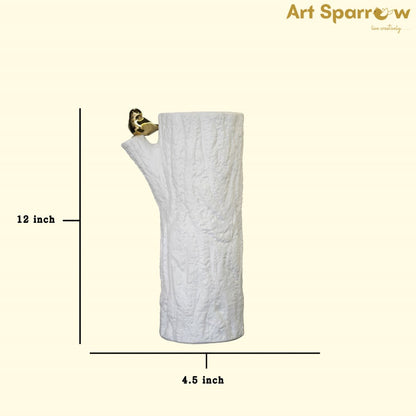 White Flower Vase Golden Sparrow Decor Showpiece