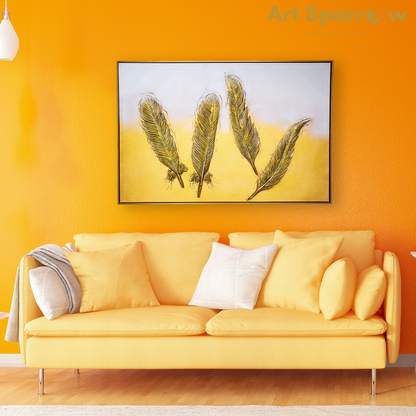 Golden Feather of Freedom 3D Embossed Painting on Canvas with Glitter Finishing