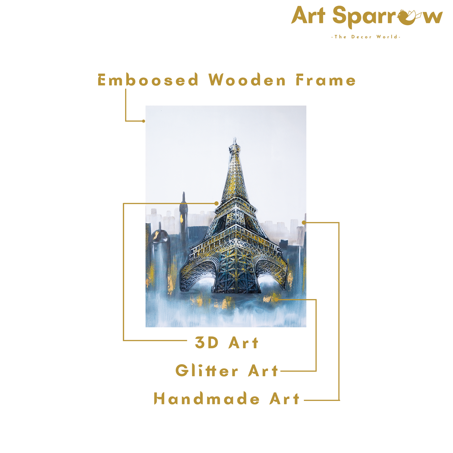 The Eiffel Tower of Paris 3D Embossed Painting on Canvas with Glitter Finishing