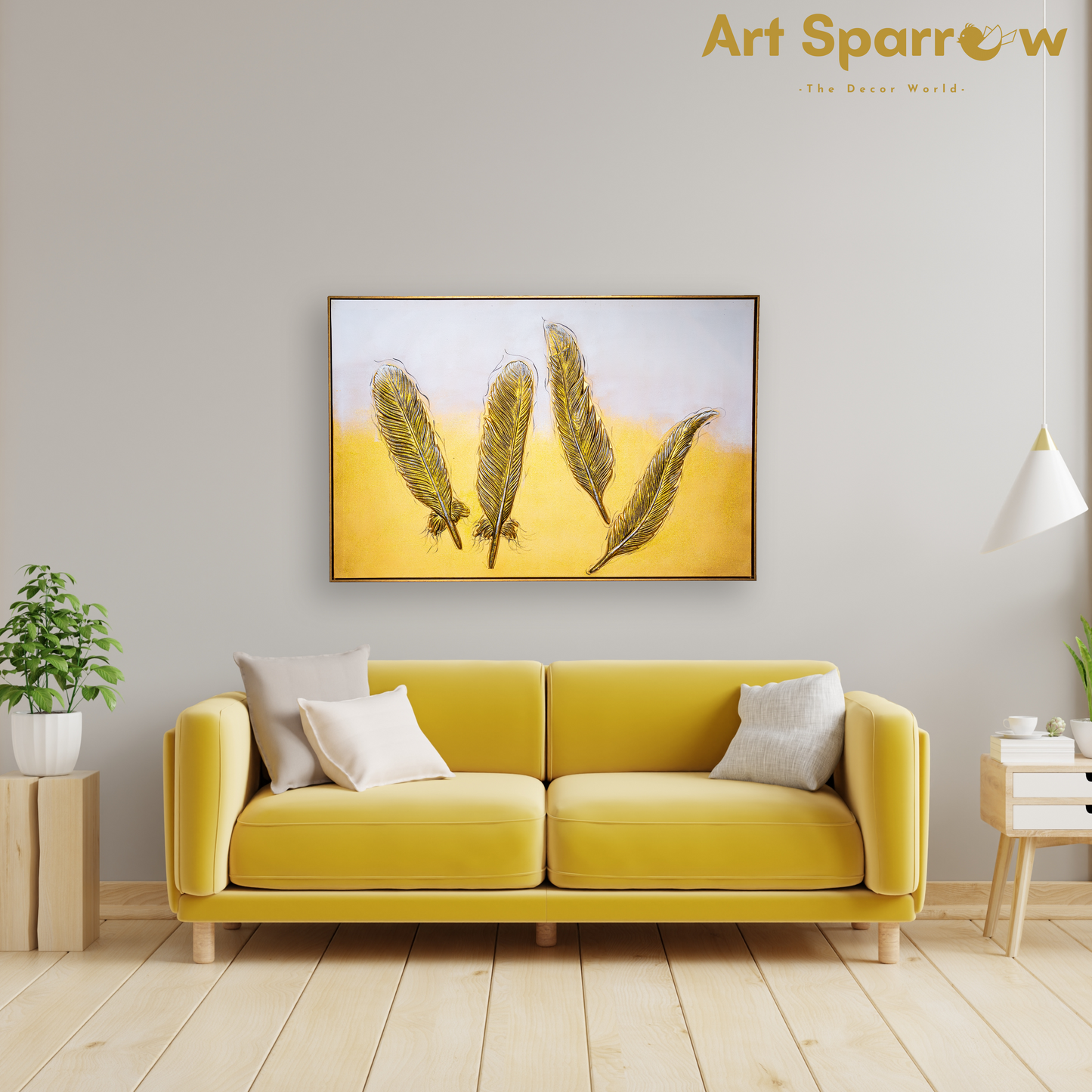 Golden Feather of Freedom 3D Embossed Painting on Canvas with Glitter Finishing