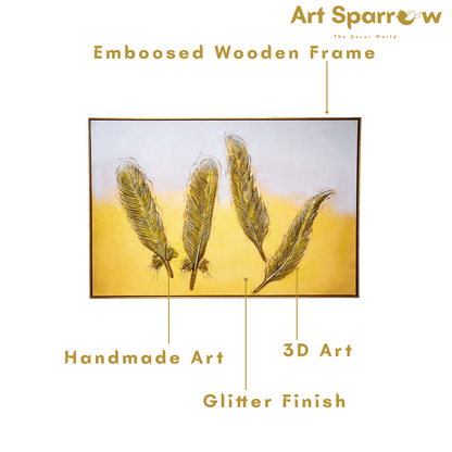 Golden Feather of Freedom 3D Embossed Painting on Canvas with Glitter Finishing