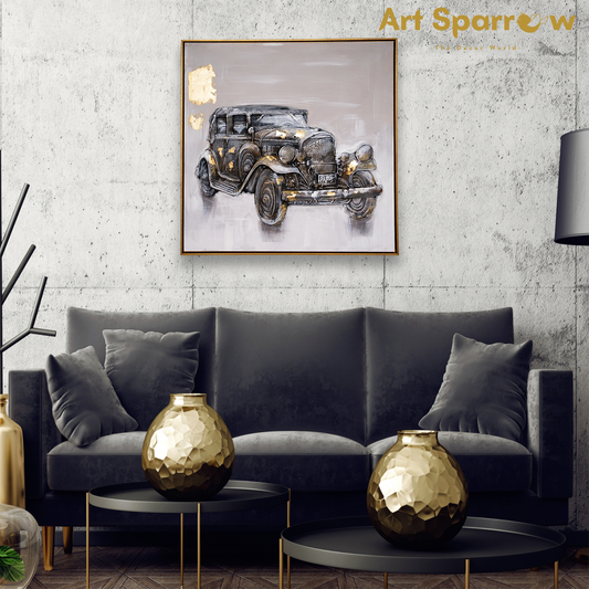 Vintage Black Car Decor 3D Embossed Painting on Canvas with Glitter Finishing