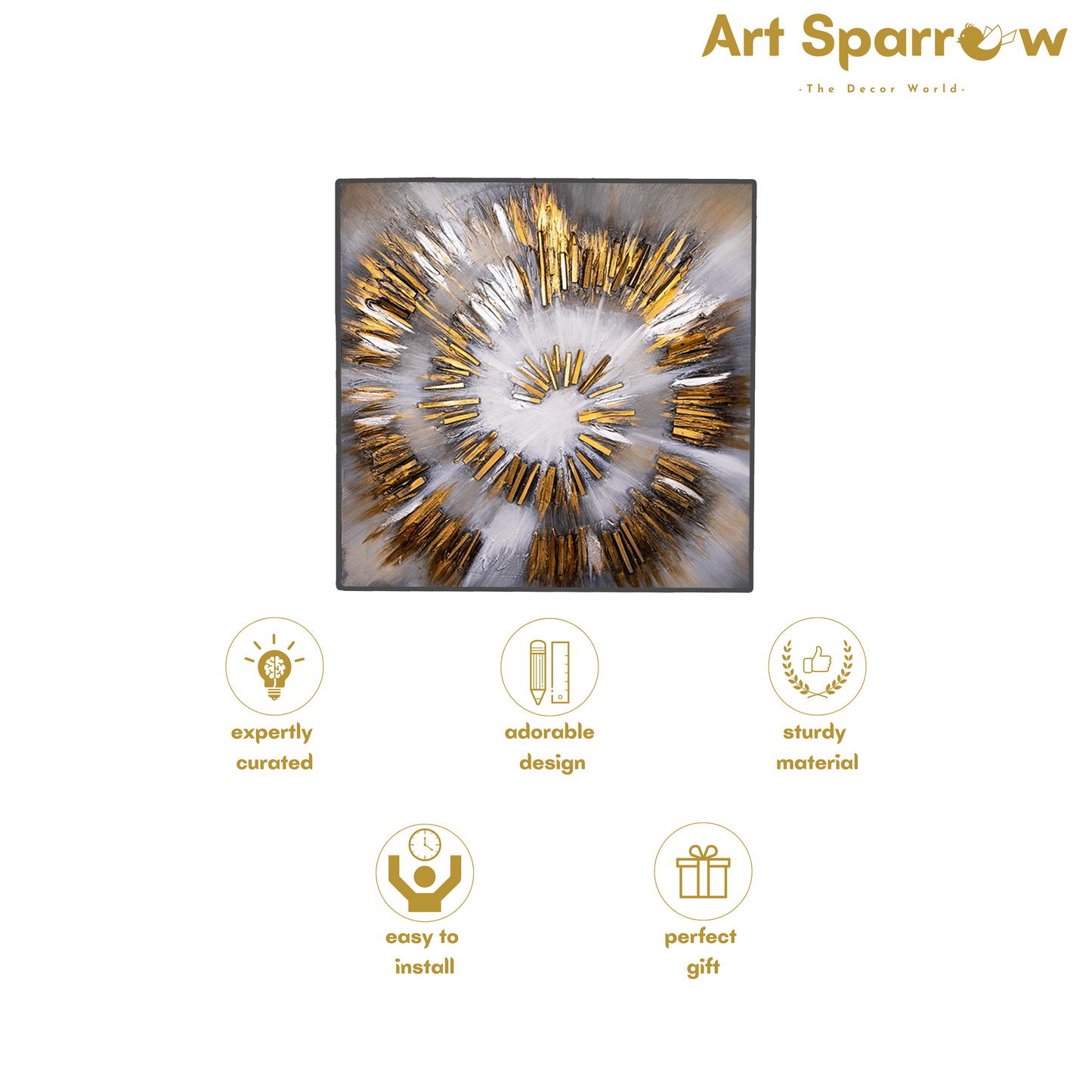 Spiral Gold Abstract 3D Embossed Painting on Canvas with Glitter Finishing