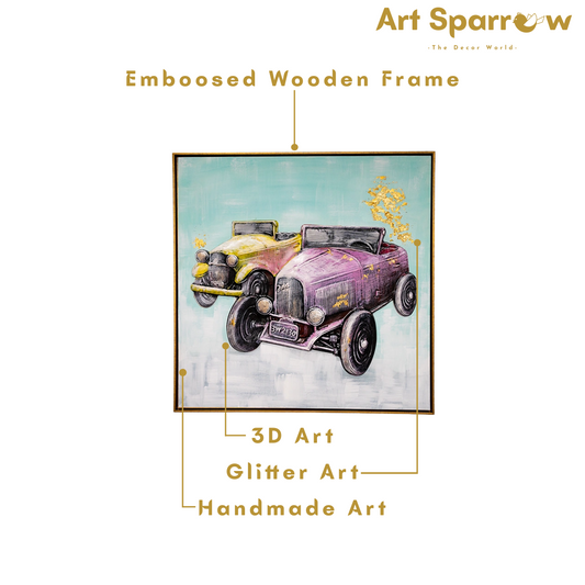 Vintage Car Decor 3D Embossed Painting on Canvas with Glitter Finishing