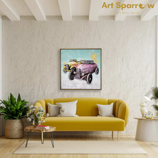 Vintage Car Decor 3D Embossed Painting on Canvas with Glitter Finishing