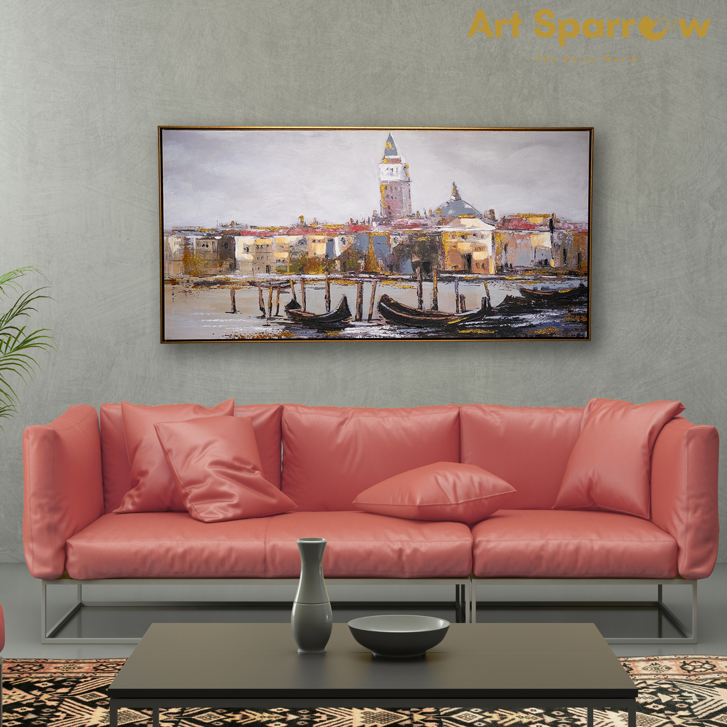 Venice City in Italy Embossed Painting on Canvas with Glitter Finishing