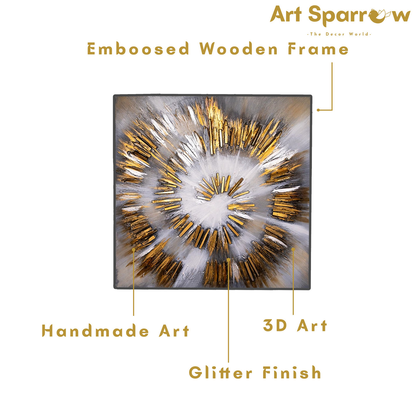 Spiral Gold Abstract 3D Embossed Painting on Canvas with Glitter Finishing