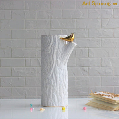 White Flower Vase Golden Sparrow Decor Showpiece