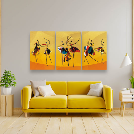 Dancing Theme Abstract Premium Trio Canvas Painting Yellow (Set of 3)