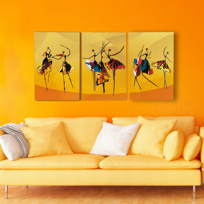 Dancing Theme Abstract Premium Trio Canvas Painting Yellow (Set of 3)