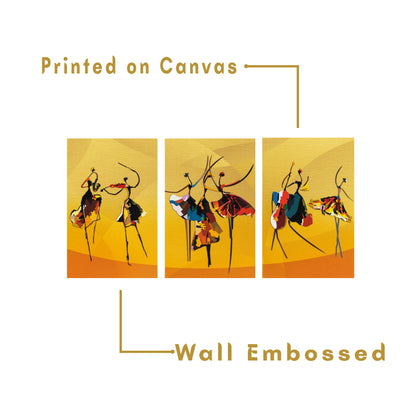 Dancing Theme Abstract Premium Trio Canvas Painting Yellow (Set of 3)