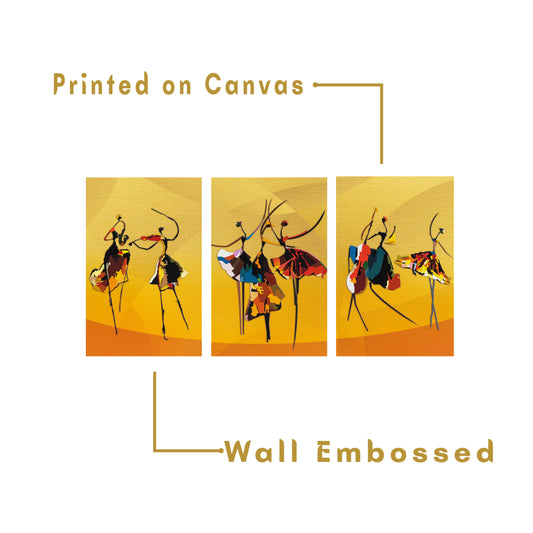 Dancing Theme Abstract Premium Trio Canvas Painting Yellow (Set of 3)